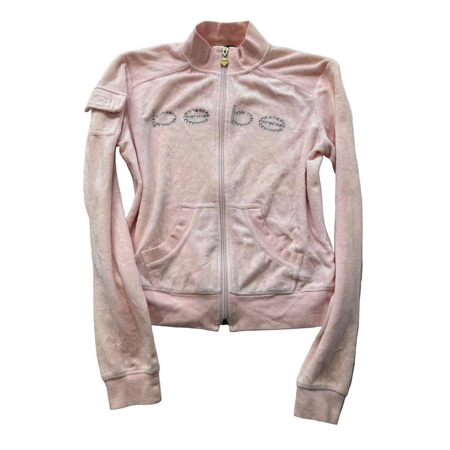 Bebe Women's Pastel Pink Velour Full Zip Track Jacket Rhinestones Logo Size M