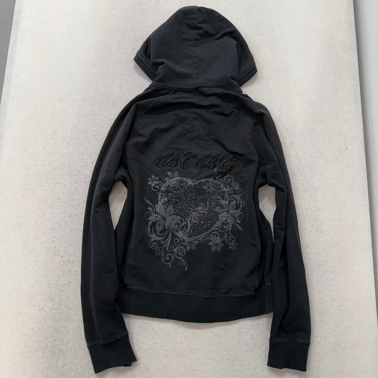 BCBG Max Azria Women's Charcoal Heart Embroidered Graphic Zip-Up Hoodie Size XL