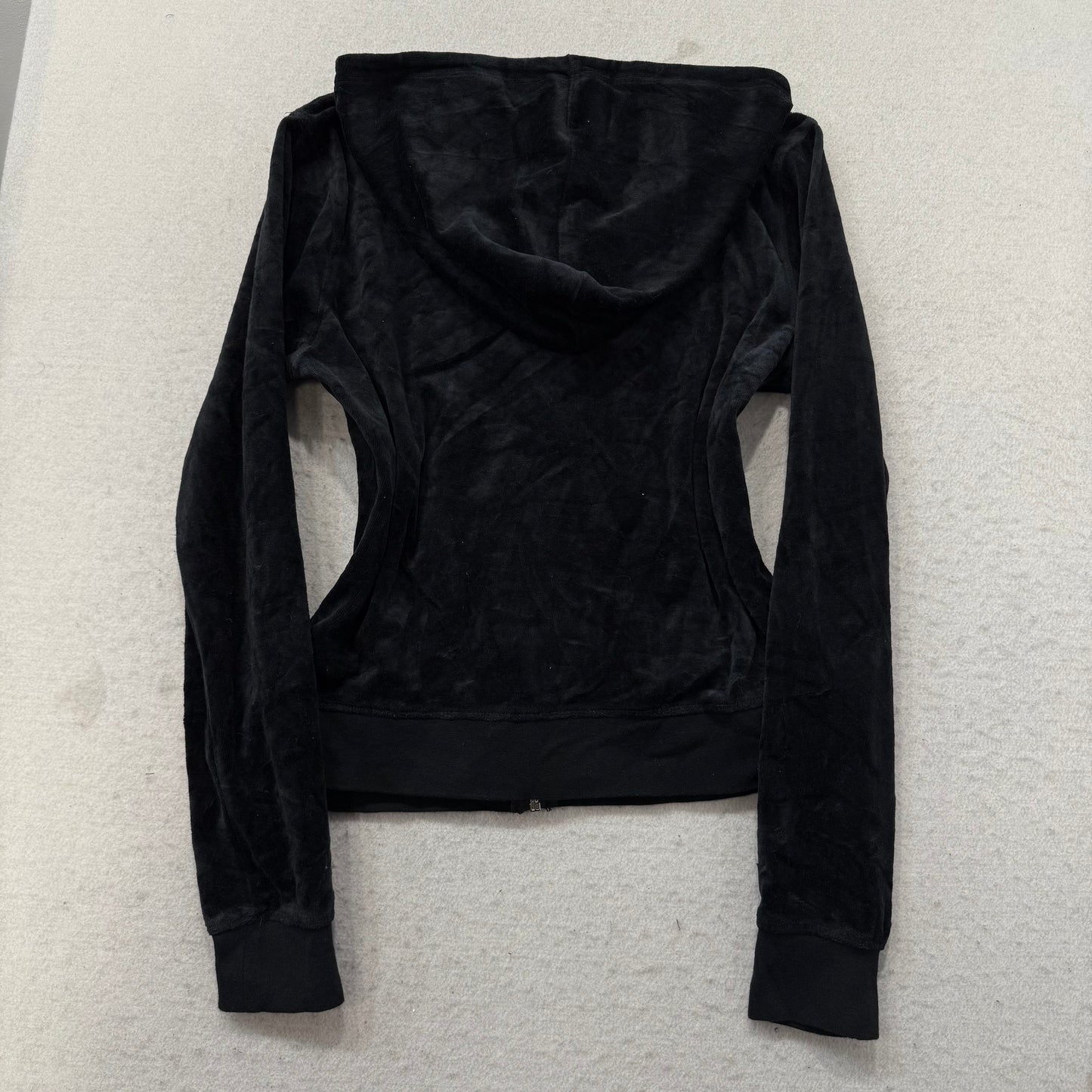 Vintage Juicy Couture Women Black Velour Zip-Up Hoodie Drawstring Pockets Size S
