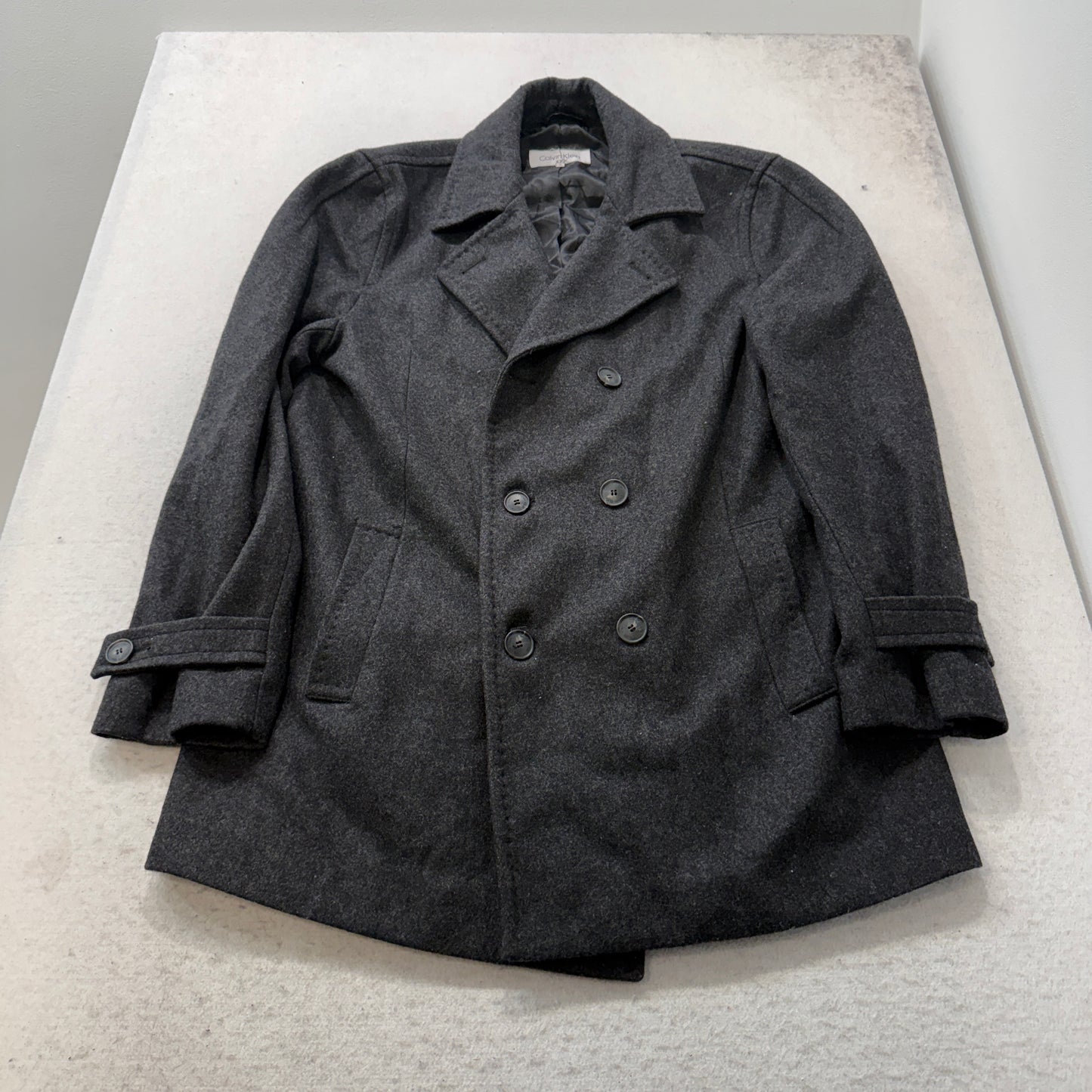 Calvin Klein Mens Charcoal Gray Wool Blend Peacoat Jacket Double Breasted Size M