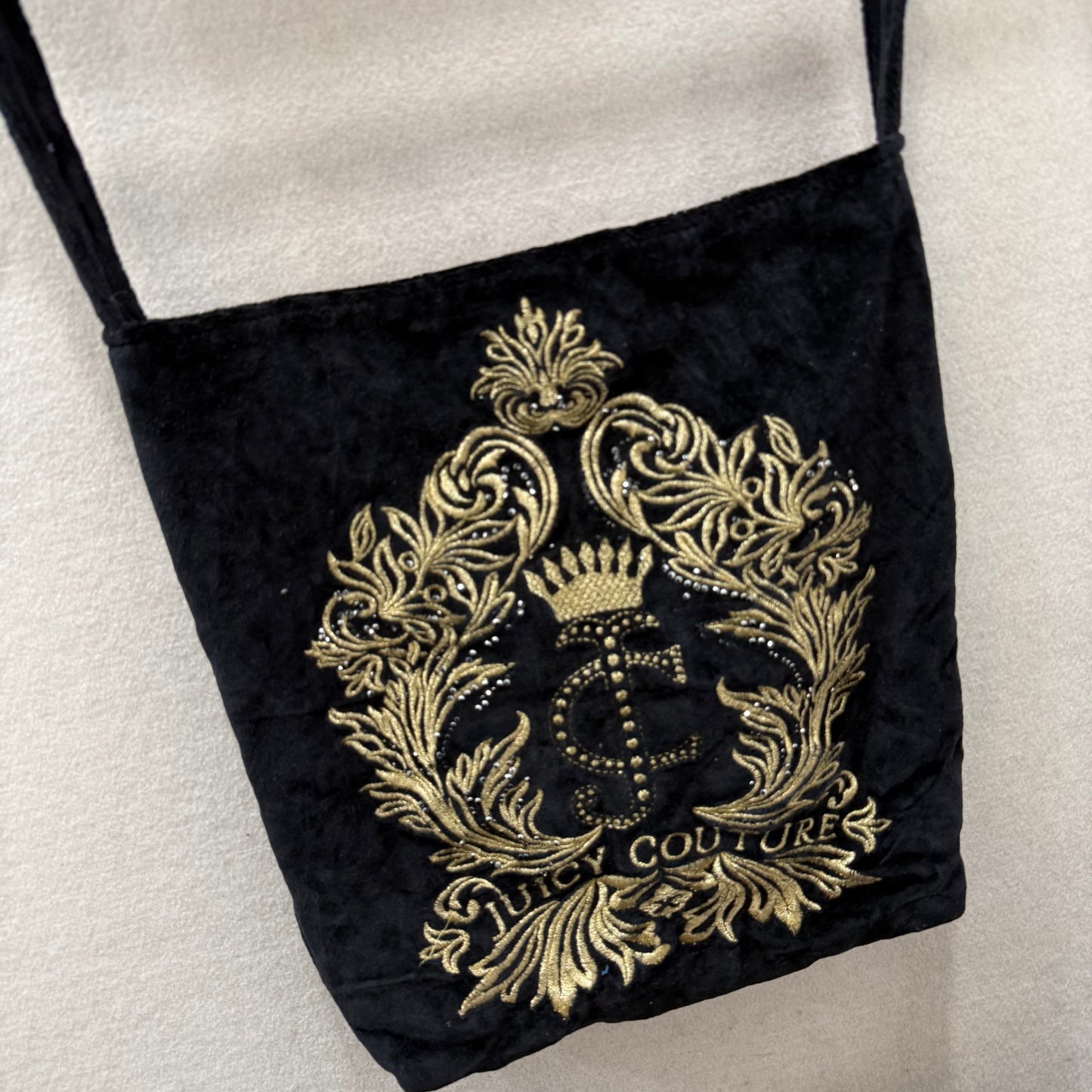 Juicy Couture Black Velour Casual Wear Embroidered Logo Preppy Shoulder Tote Bag
