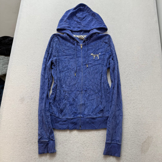 Victoria's Secret PINK Women's Deep Blue Velour Zip-Up Hoodie Gold Sequin Size M