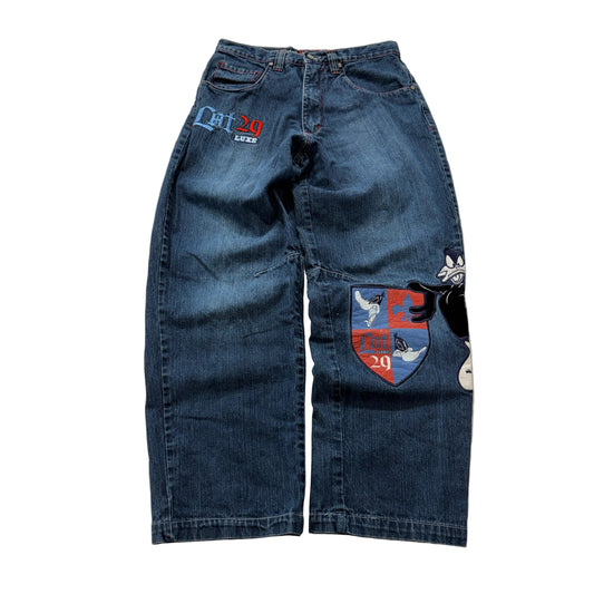 Vintage Lot 29 Luxe Men Blue Baggy Denim Jeans Looney Tune Daffy Duck Patch - 32