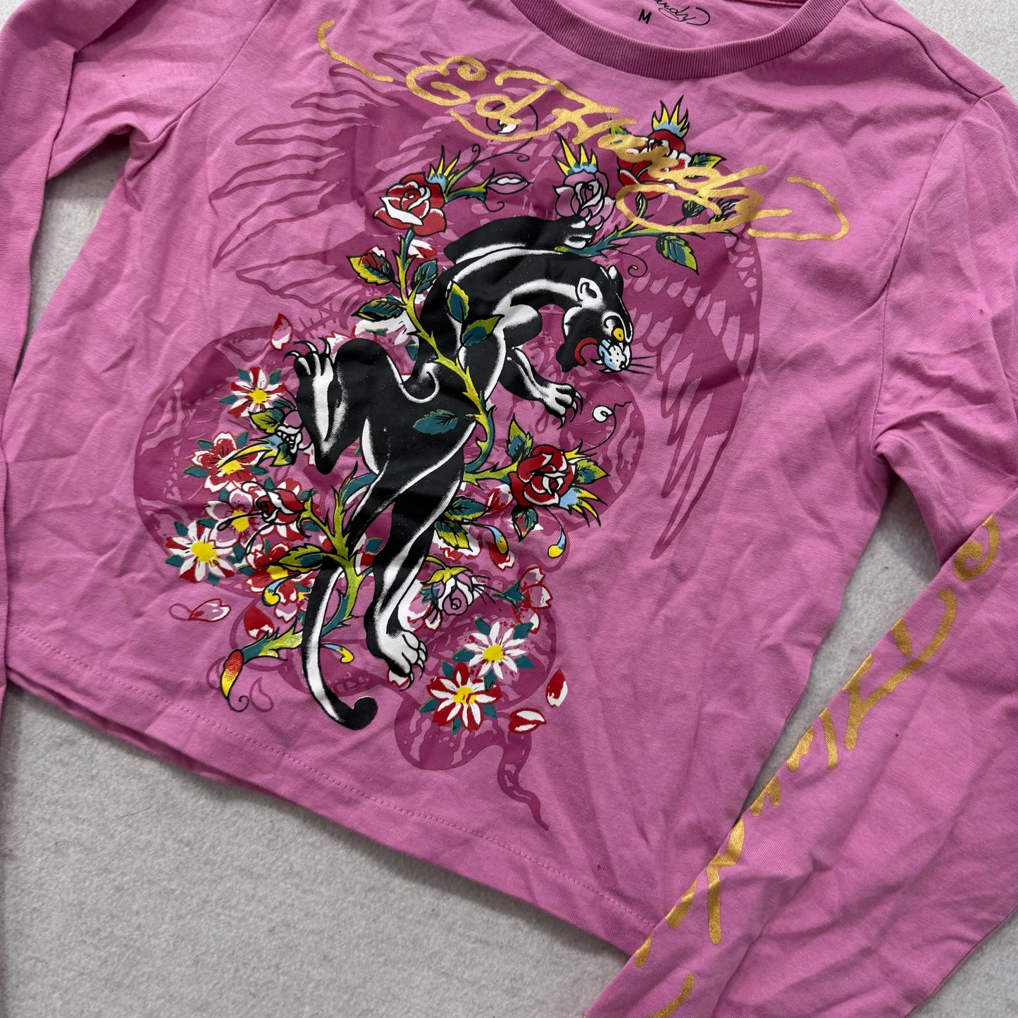 Ed Hardy Women Pink Cropped T-Shirt Long Sleeve Black Panther Graphic Tee Size M