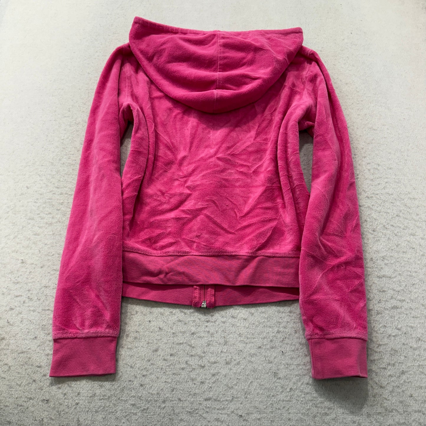 Vintage Juicy Couture Women's Hot Pink Velour Zip-Up Hoodie Drawstring Size S