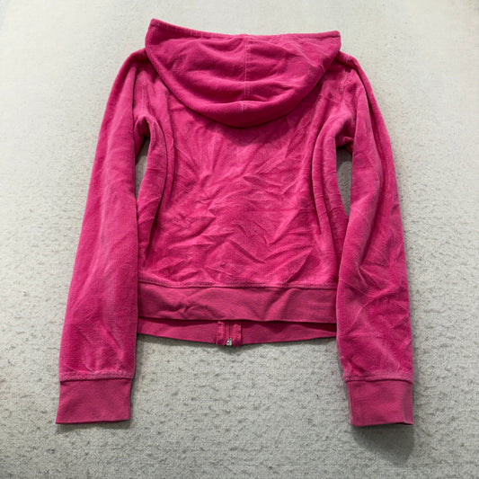 Vintage Juicy Couture Women's Hot Pink Velour Zip-Up Hoodie Drawstring Size S