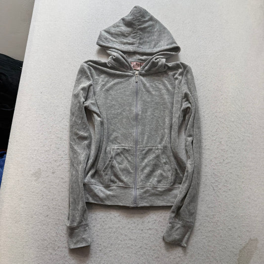 Juicy Couture Women's Gray Velour Zip-Up Hoodie Graphic Crown Logo Y2k Size M