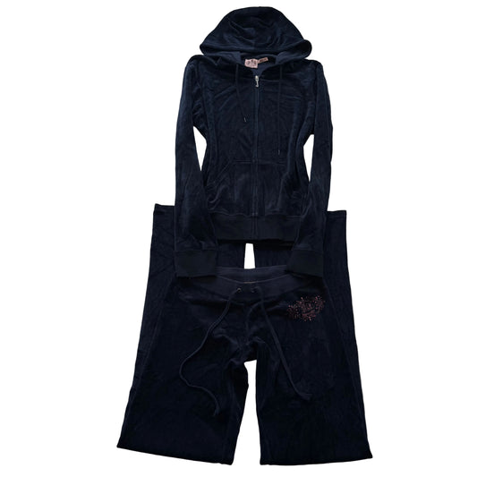 Vtg Juicy Couture Women's Navy Velour Tracksuit Set Hoodie & Flare Pant Size S/P