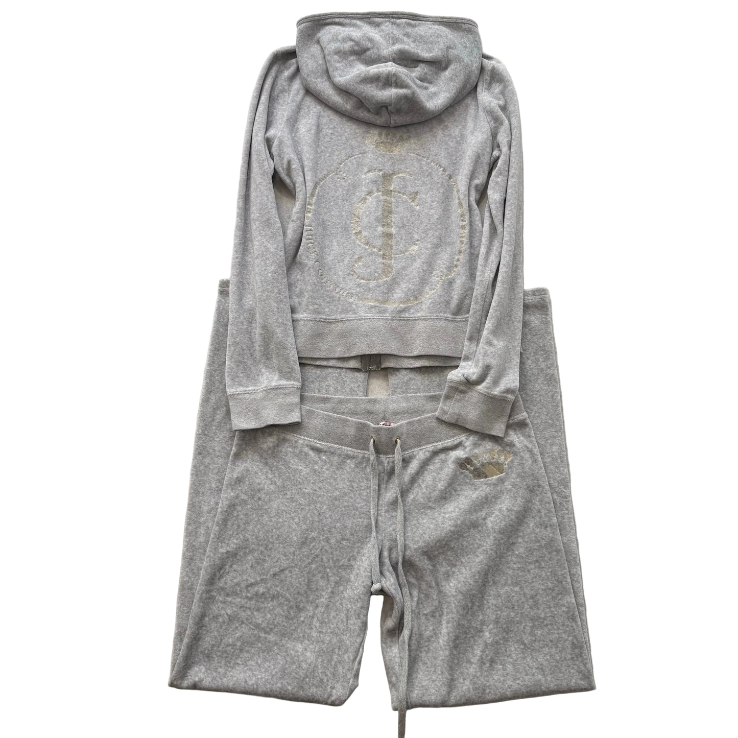 Juicy Couture Gray Velour Tracksuit Set Hoodie & Flare Pant Graphic Logo Size L