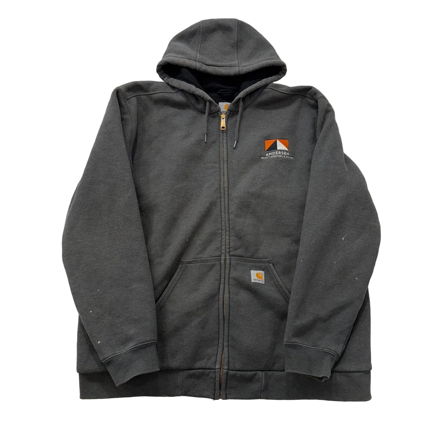Carhartt Men Dark Gray Cotton Full Zip Hoodie Split Kangaroo Pocket Logo Size XL