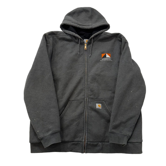 Carhartt Men Dark Gray Cotton Full Zip Hoodie Split Kangaroo Pocket Logo Size XL