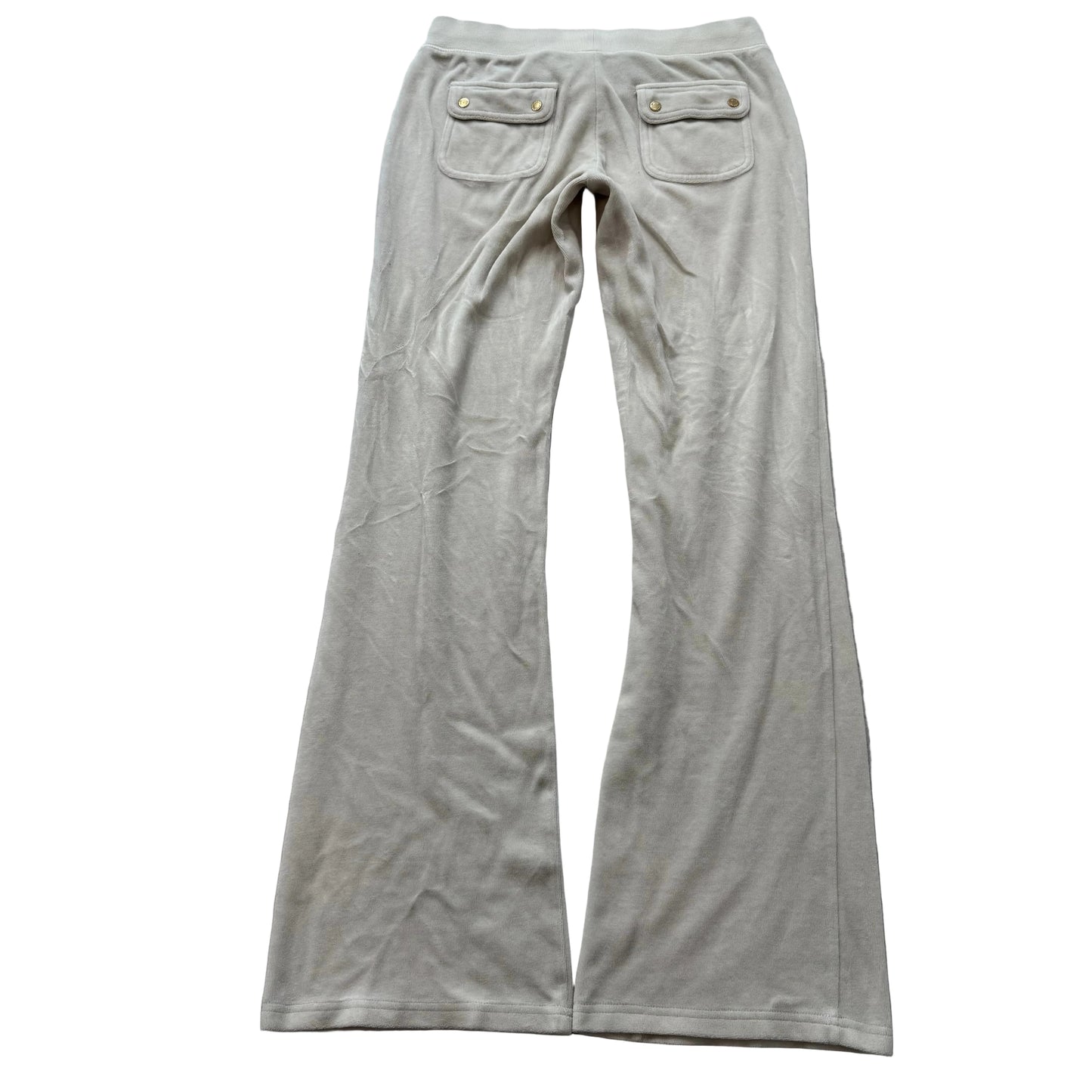 Juicy Couture Women Light Gray Velour Flared Track Pant Back Snap Pockets Size S