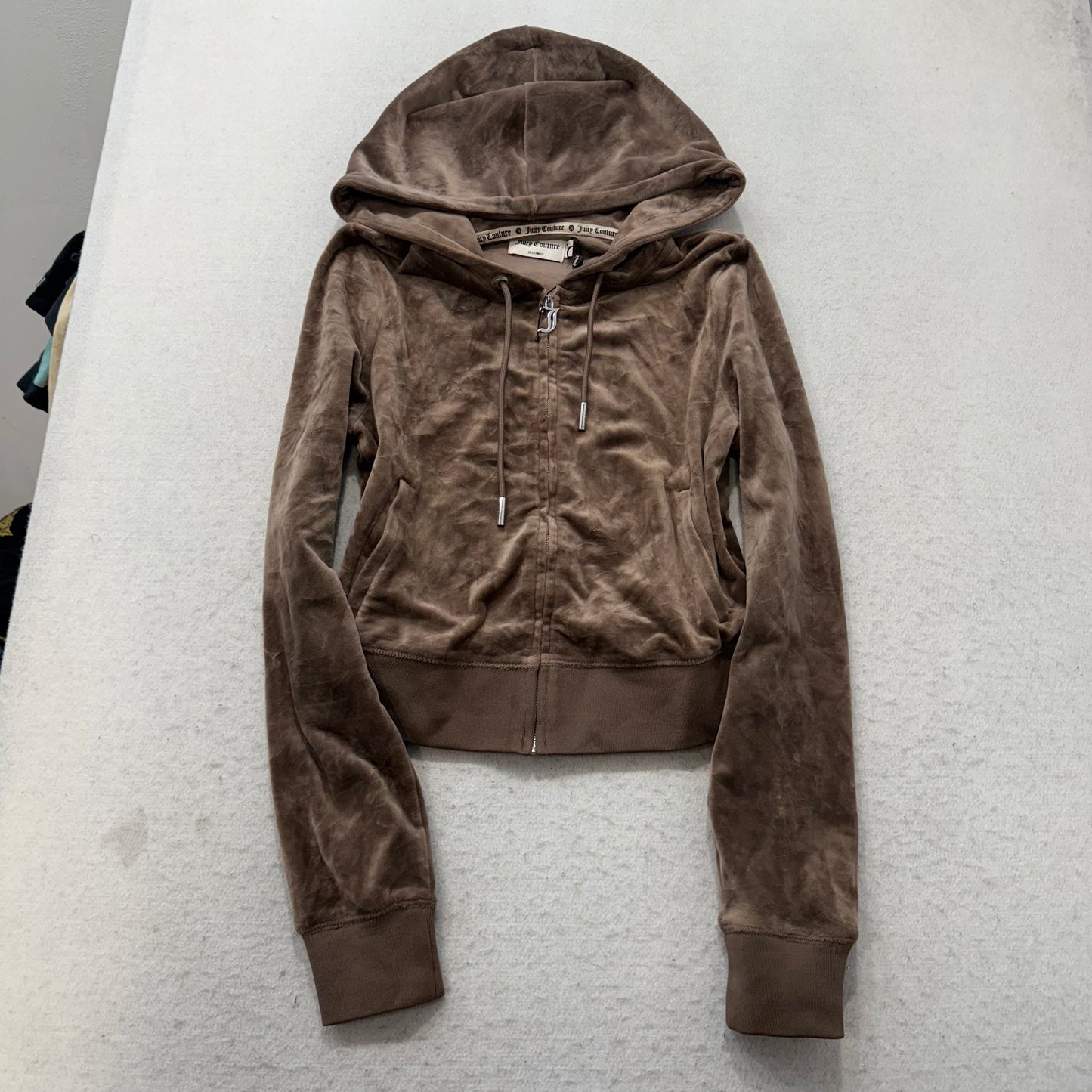 Juicy Couture Women's Brown Velour Zip-Up Cropped Hoodie Rhinestones Logo Size S
