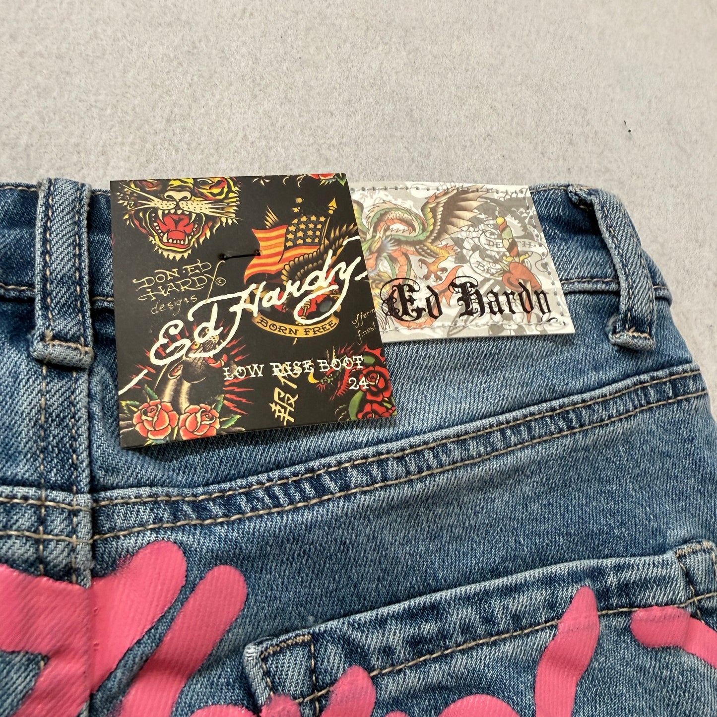 Ed Hardy Embroidered Dragon Women's Blue Flare Denim Jeans Tattoo Print Size 24