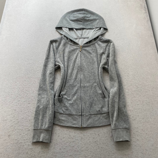 Juicy Couture Women's Gray Velour Zip-Up Hoodie Rhinestones Logo Pockets Size S