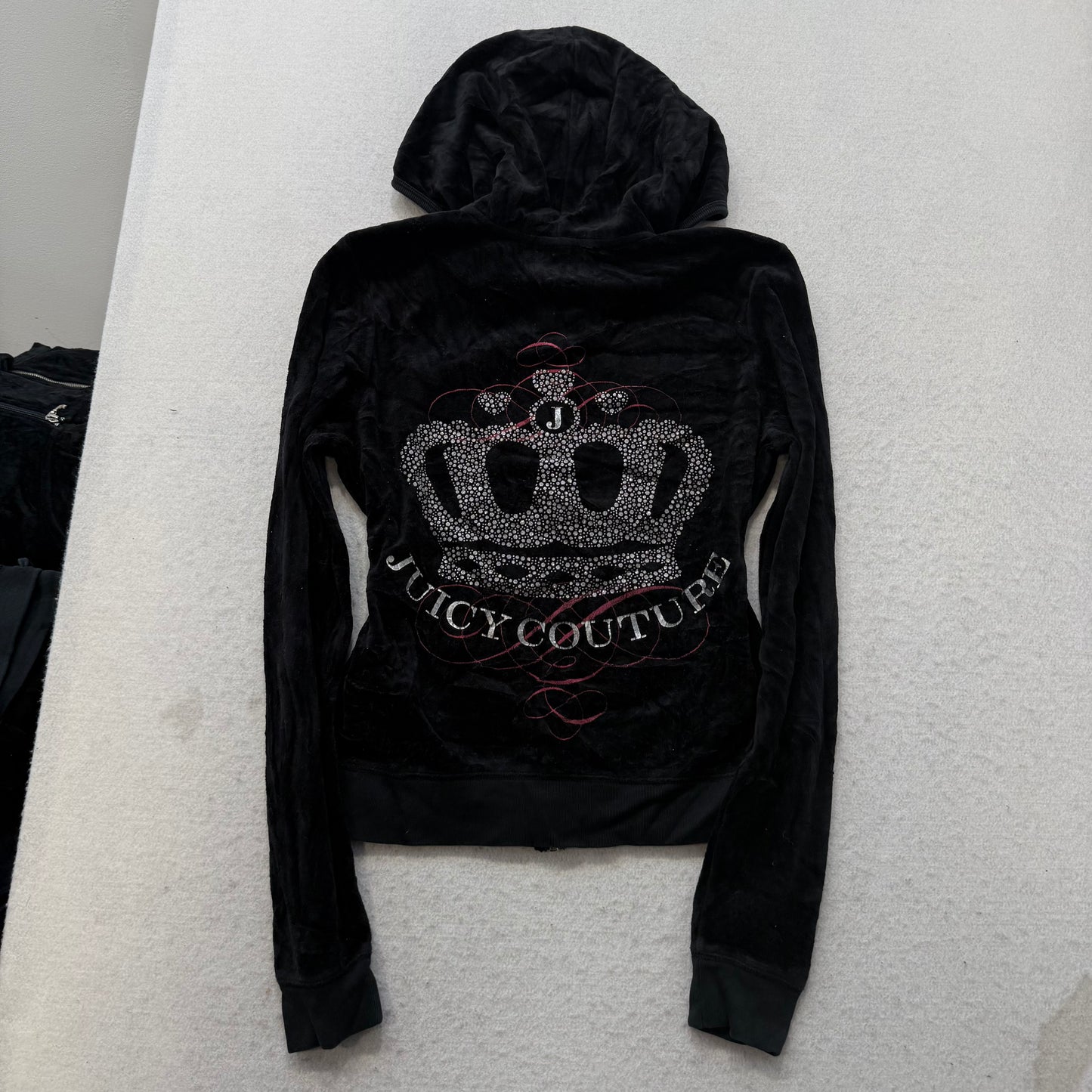 Vintage Juicy Couture Women's Black Velour Tracksuit Set Rhinestone Crown Size L