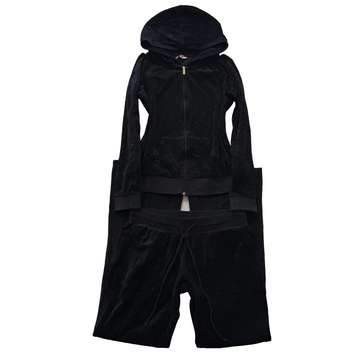 Vtg Juicy Couture Womens Black Velour Tracksuit Set Hoodie & Flare Pant Size M/L