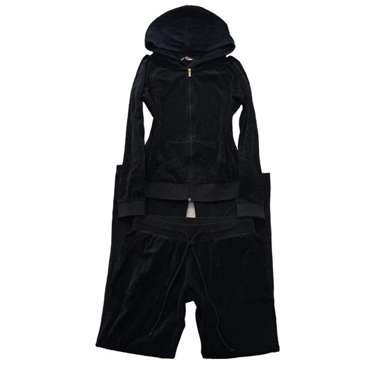 Vtg Juicy Couture Womens Black Velour Tracksuit Set Hoodie & Flare Pant Size M/L