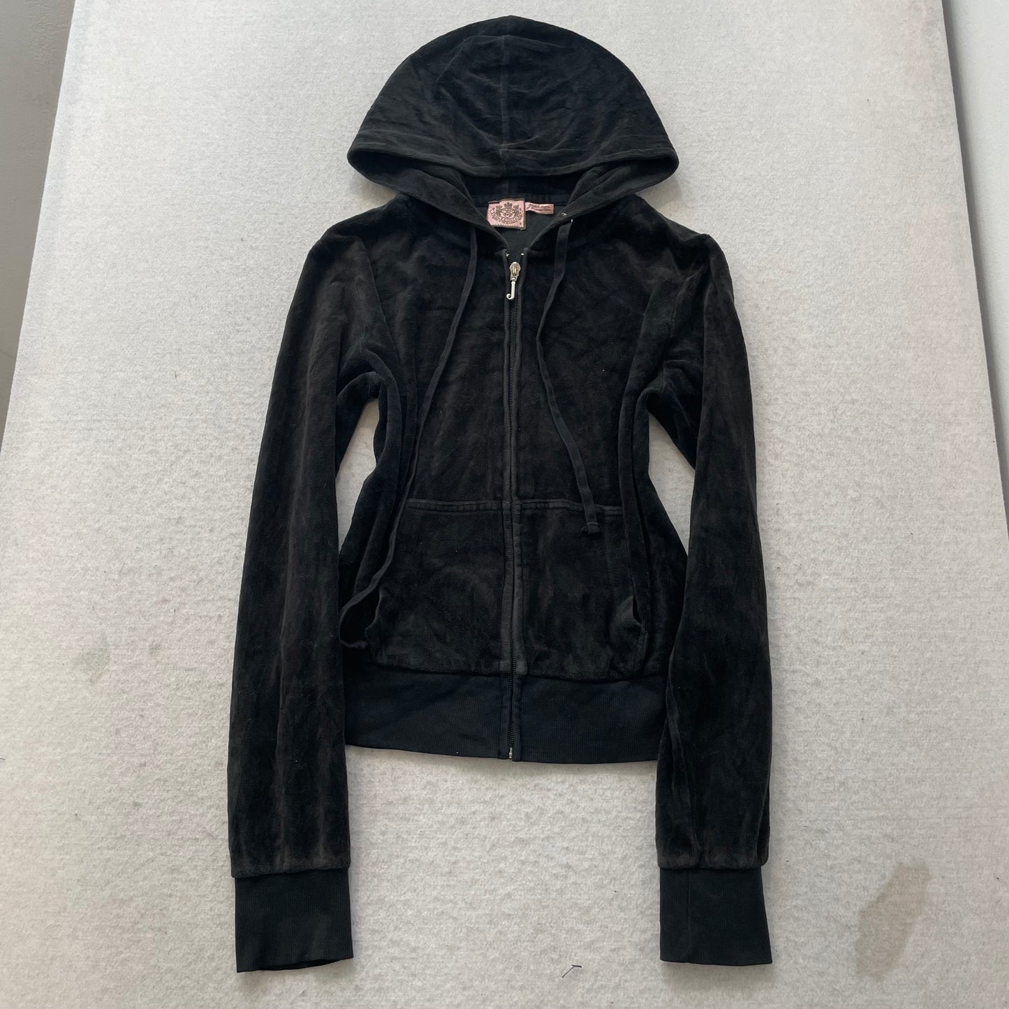 Vintage Juicy Couture Womens Black Velour Zip-Up Hoodie Drawstring Pocket Size S