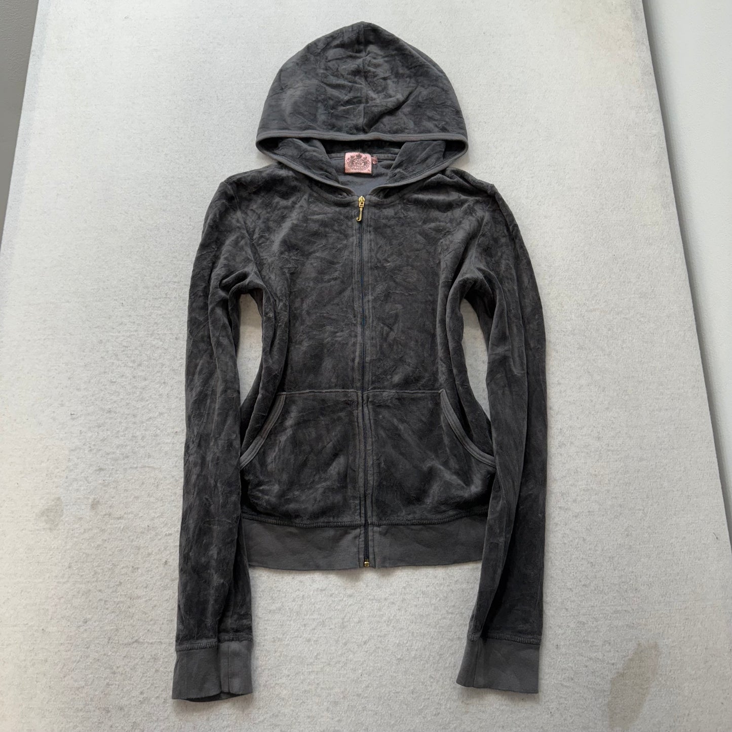 Juicy Couture Womens Charcoal Grey Velour Hoodie Rhinestone Rose Graphic Size XL