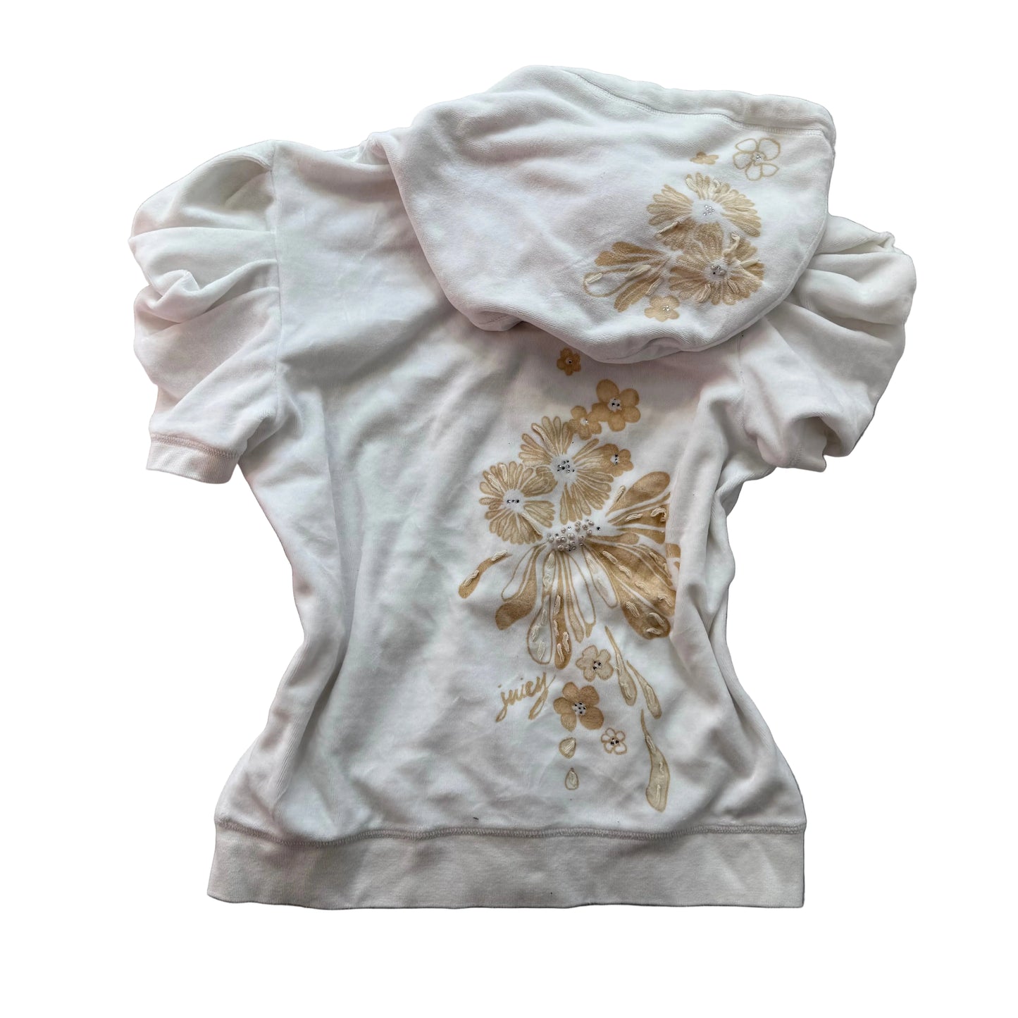 RARE Juicy Couture Womens White Velour Short Sleeve Floral Zip-Up Hoodie Size XL