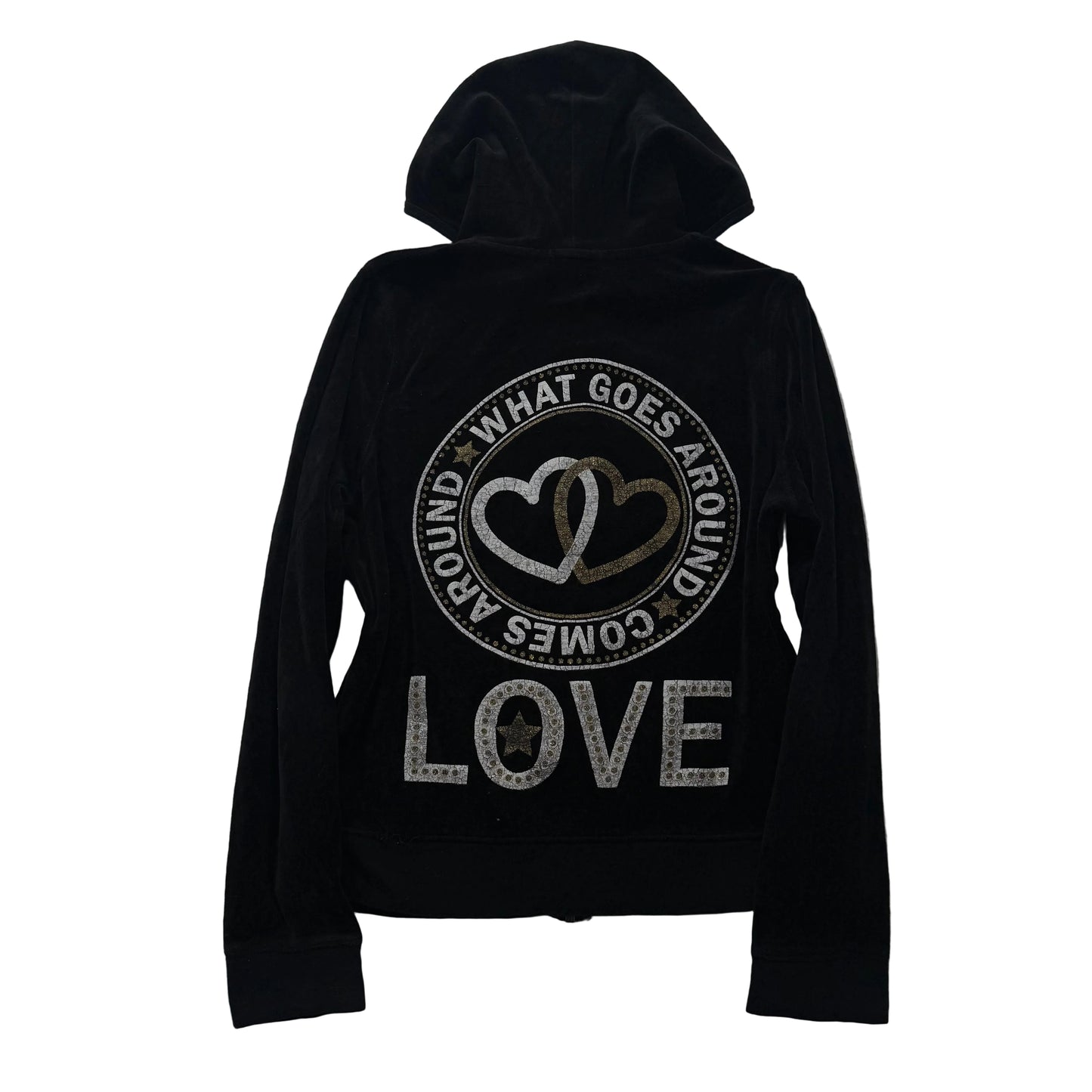 Juicy Couture What Goes Around Women's Black Velour Hoodie Glitter Print Size L