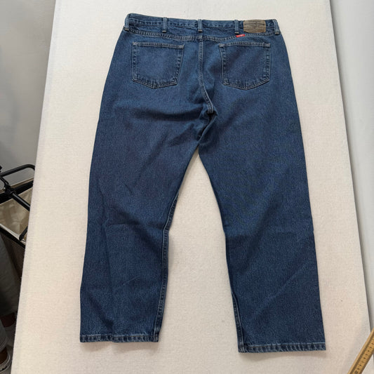 Wrangler Blue Denim Jeans Straight Leg Contrast Stitching Leather Logo Patch Size W40 L30