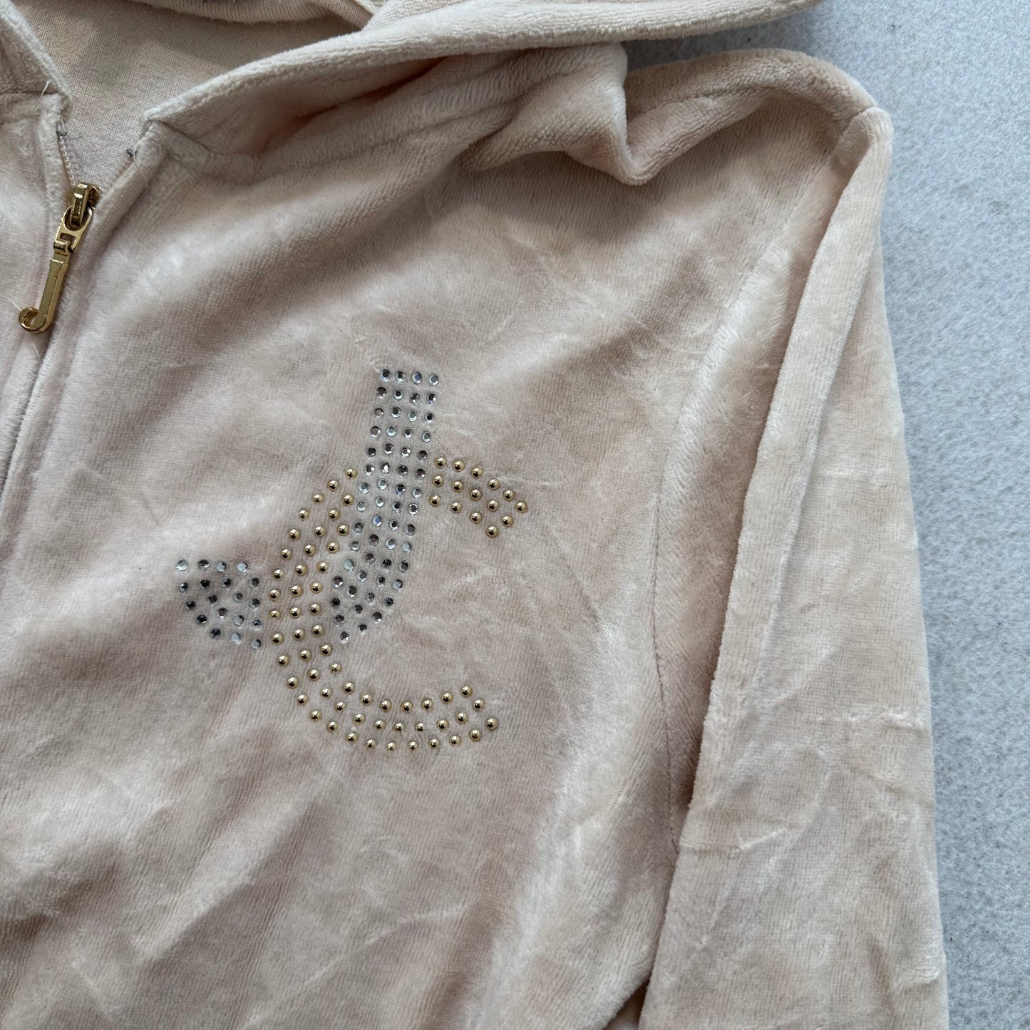 Juicy Couture Womens Beige Velour Zip-Up Hoodie Rhinestone Elbow Patches Size XL