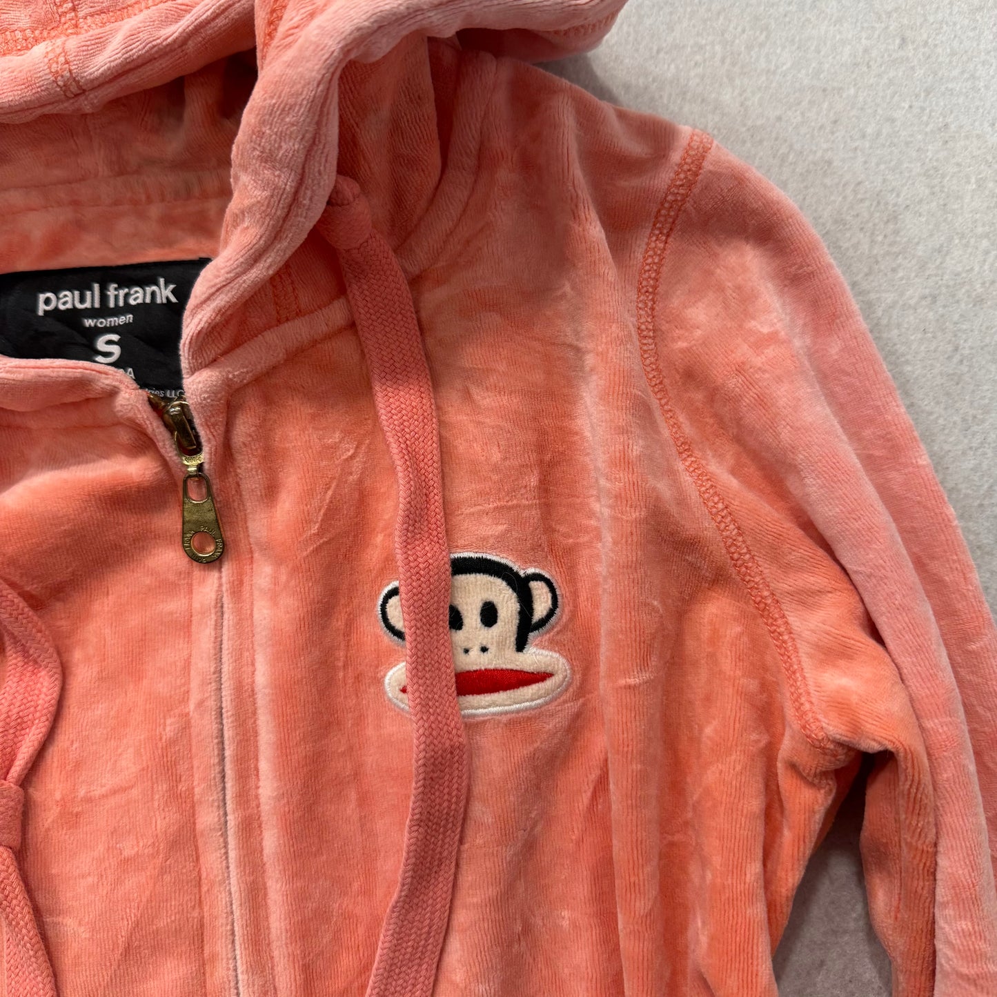 Paul Frank Womens Coral Pink Velour Zip Up Hoodie Embroidered Monkey Logo Size S