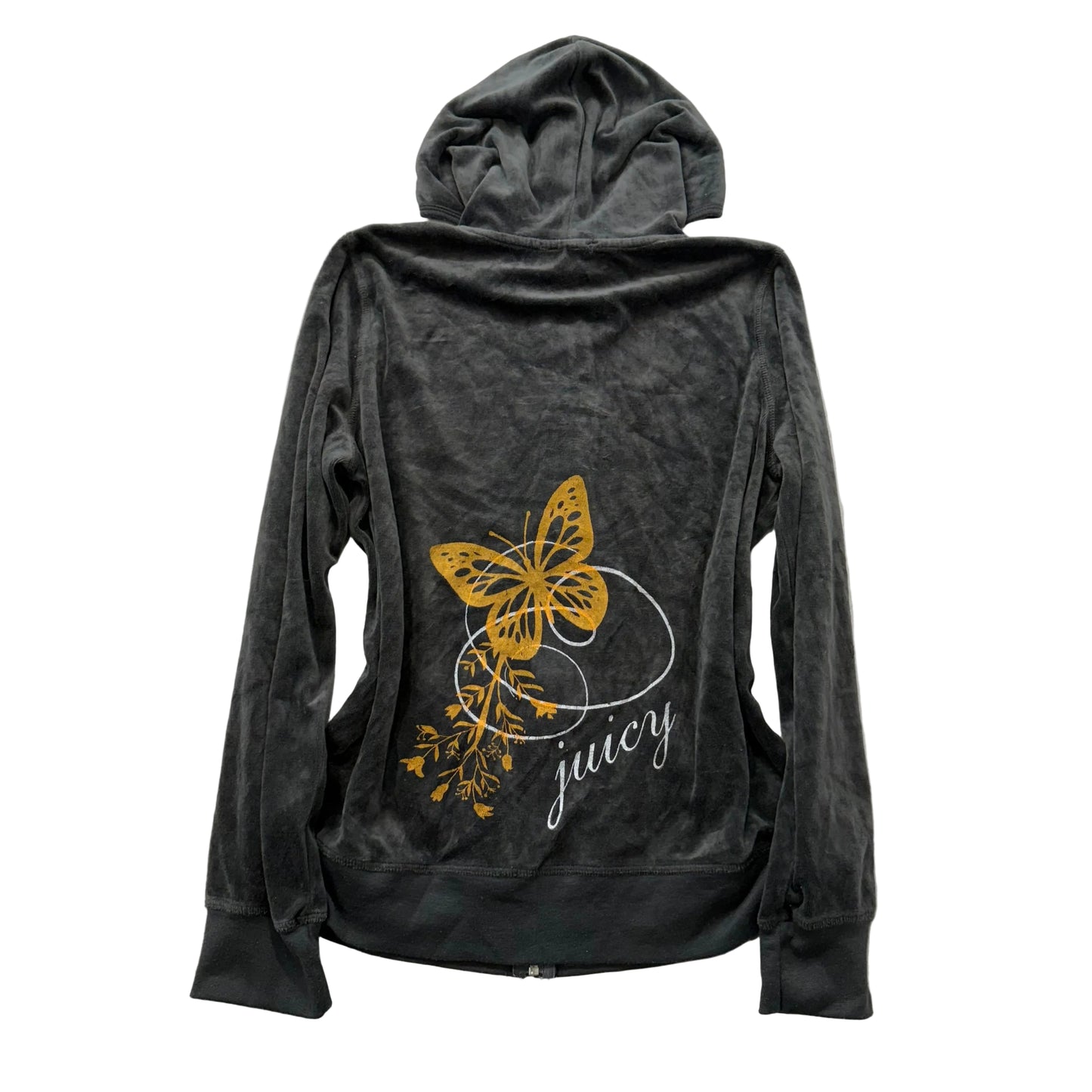 Vintage Juicy Couture Women's Black Velour Zip Up Hoodie Graphic Logo Y2K Size L