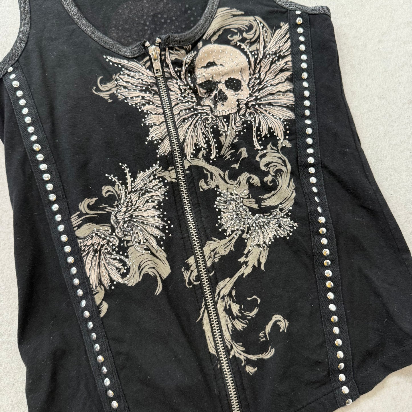 Los Angeles Bus Stop Women's Black Zip Up Tank Top Skull Studs Graphic Size S