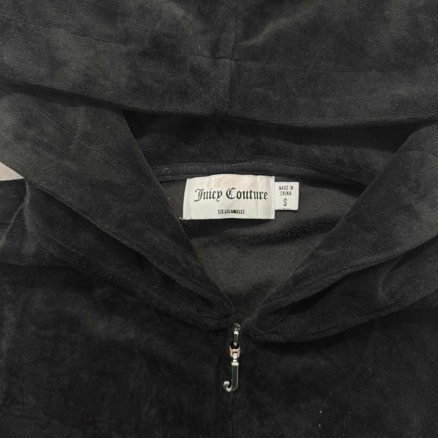 Juicy Couture Women's Black Velour Zip-Up Hoodie Embroidered Logo Pockets Size S