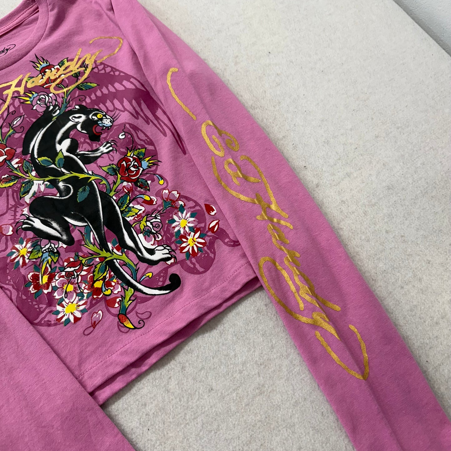 ED HARDY “Panther Rose” PINK LONG SLEEVE CROPPED BABY TEE