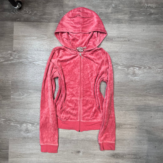 Vintage Juicy Couture Scottie Dogs Women Bright Pink Velour Zip-Up Hoodie Size L