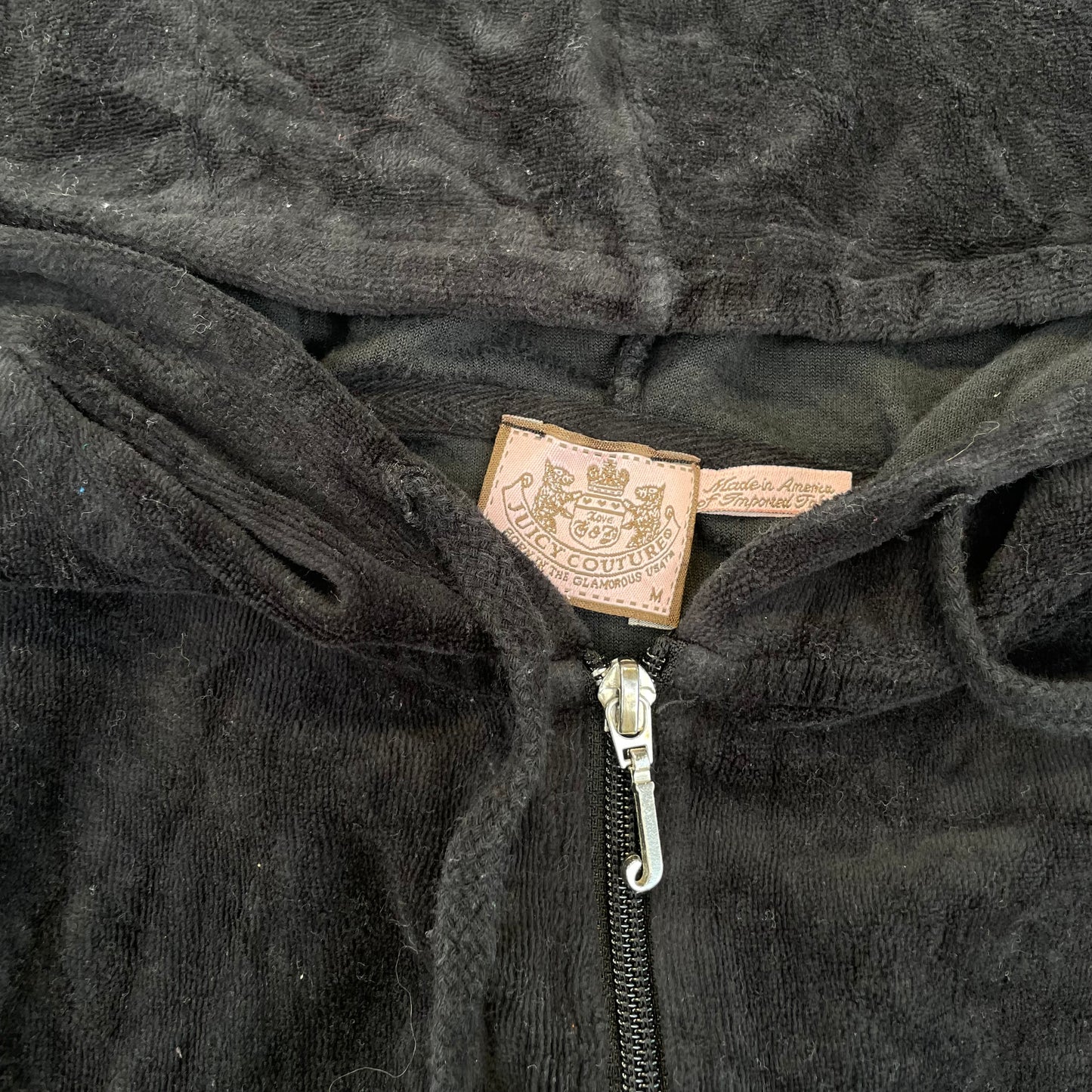 Juicy Couture Women's Black Velour Full Zip Hoodie Drawstring Pockets Y2k Size M