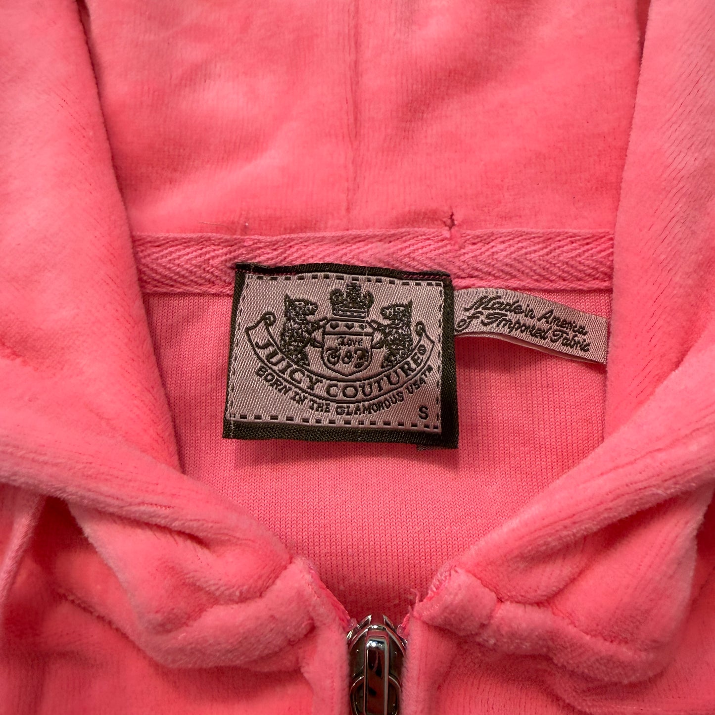 Vintage Juicy Couture Women's Pink Velour Zip-Up Hoodie Drawstring Pocket Size S