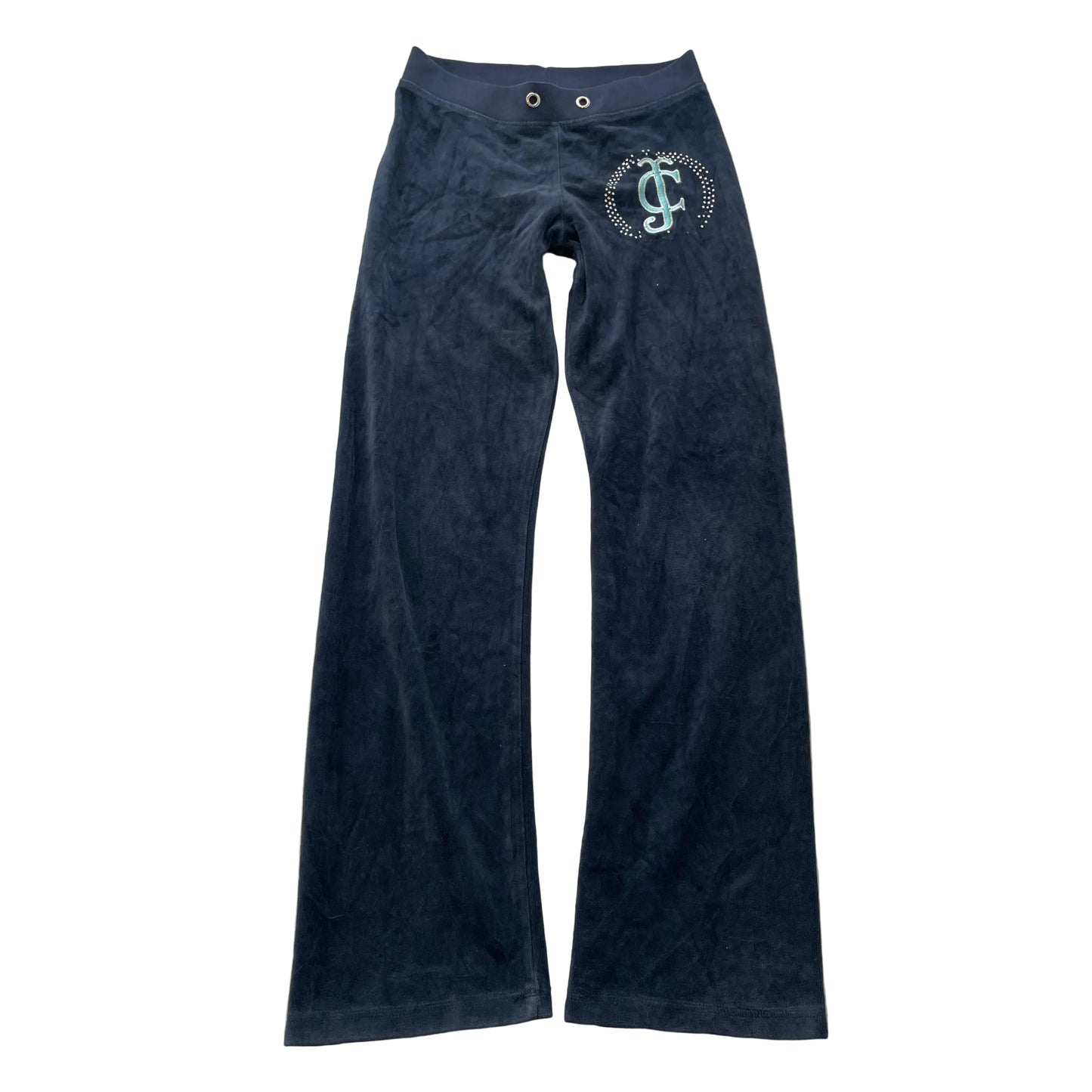 Vintage Juicy Couture Women Navy Velour Flared Track Pant Rhinestone Logo Size S