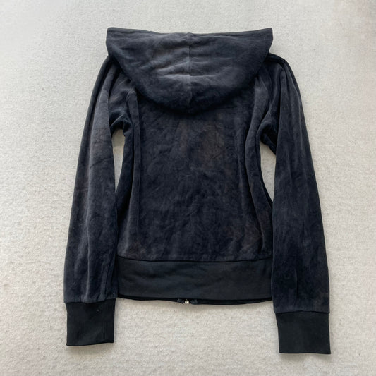 Bebe Women Charcoal Grey Velour Zip-Up Long Sleeve Hoodie Rhinestone Logo Size M