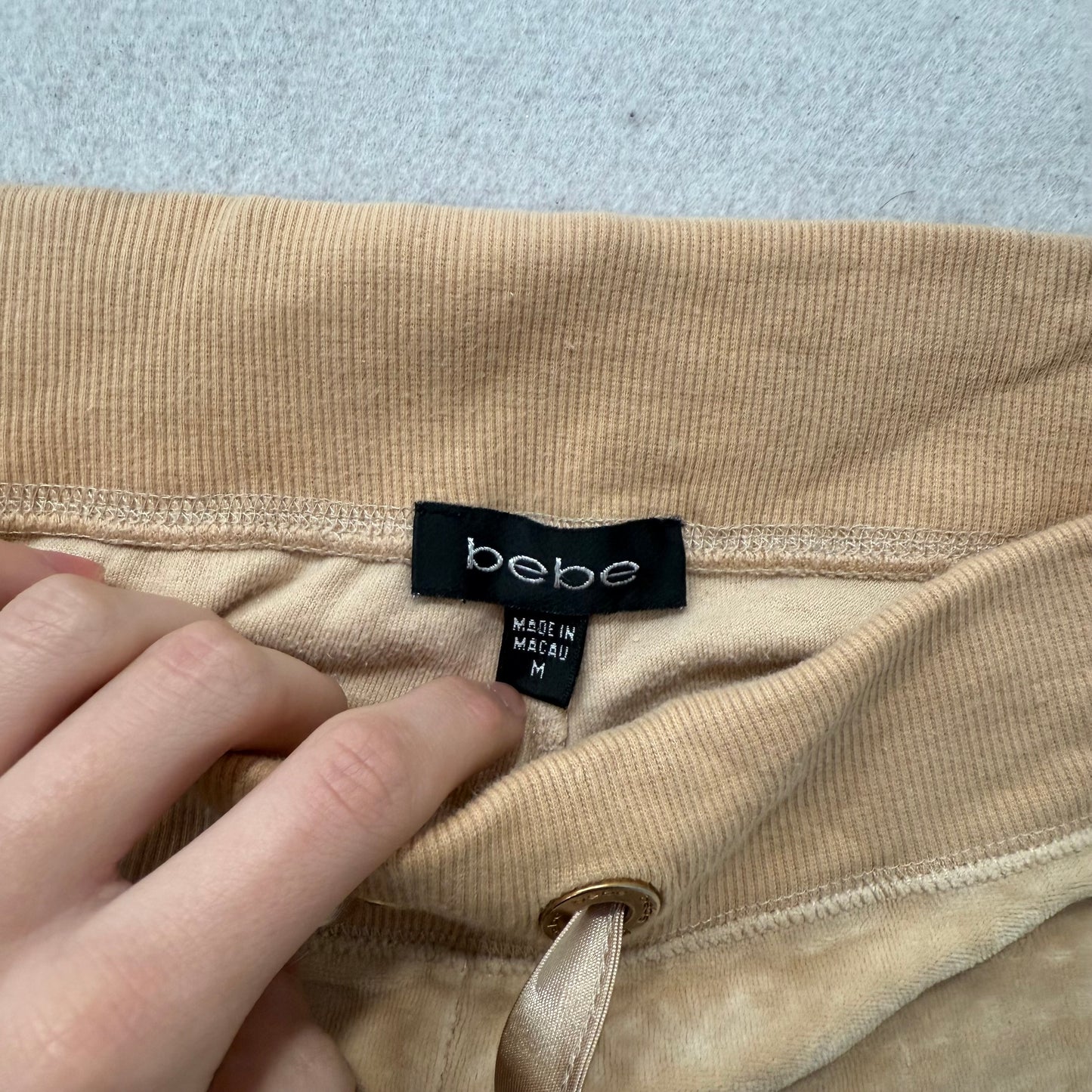 Bebe Women's Tan Velour Flared Wide Leg Track Pant Drawstring Loungewear Size M