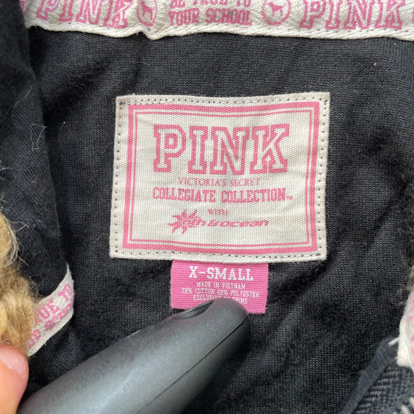 Victoria's Secret PINK Women Black Velour Zip-Up Hoodie Faux Fur-Lined Hood - XS