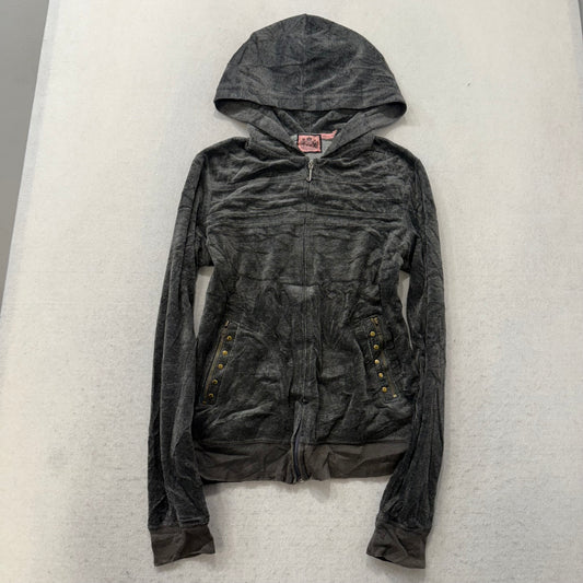 Juicy Couture Women's Dark Charcoal Zip Up Hoodie Studded Pocket Graphic Size XL