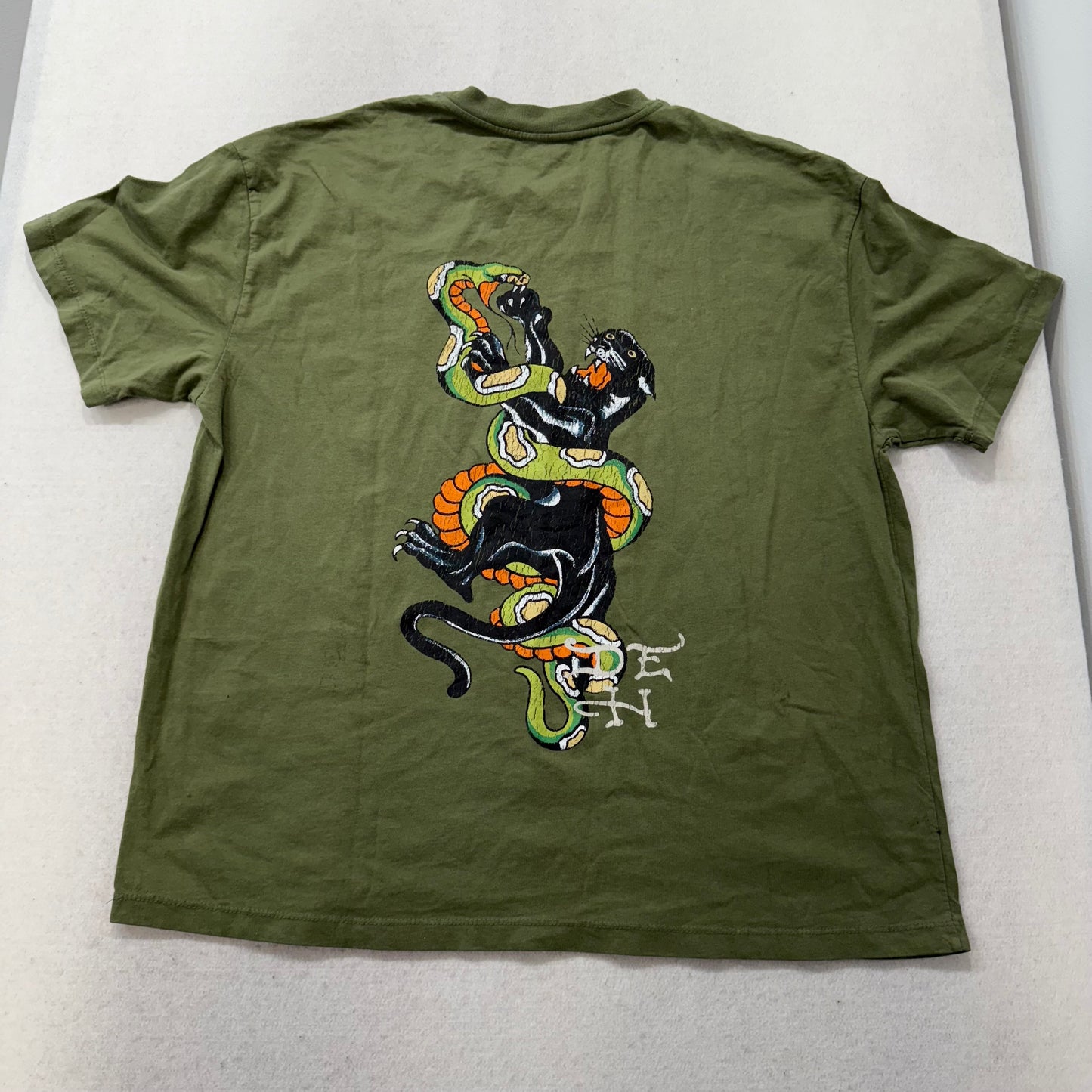 ED HARDY Men's Olive Green Cotton T-Shirt Black Panther & Snake Graphic Size XL
