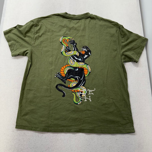 ED HARDY Men's Olive Green Cotton T-Shirt Black Panther & Snake Graphic Size XL