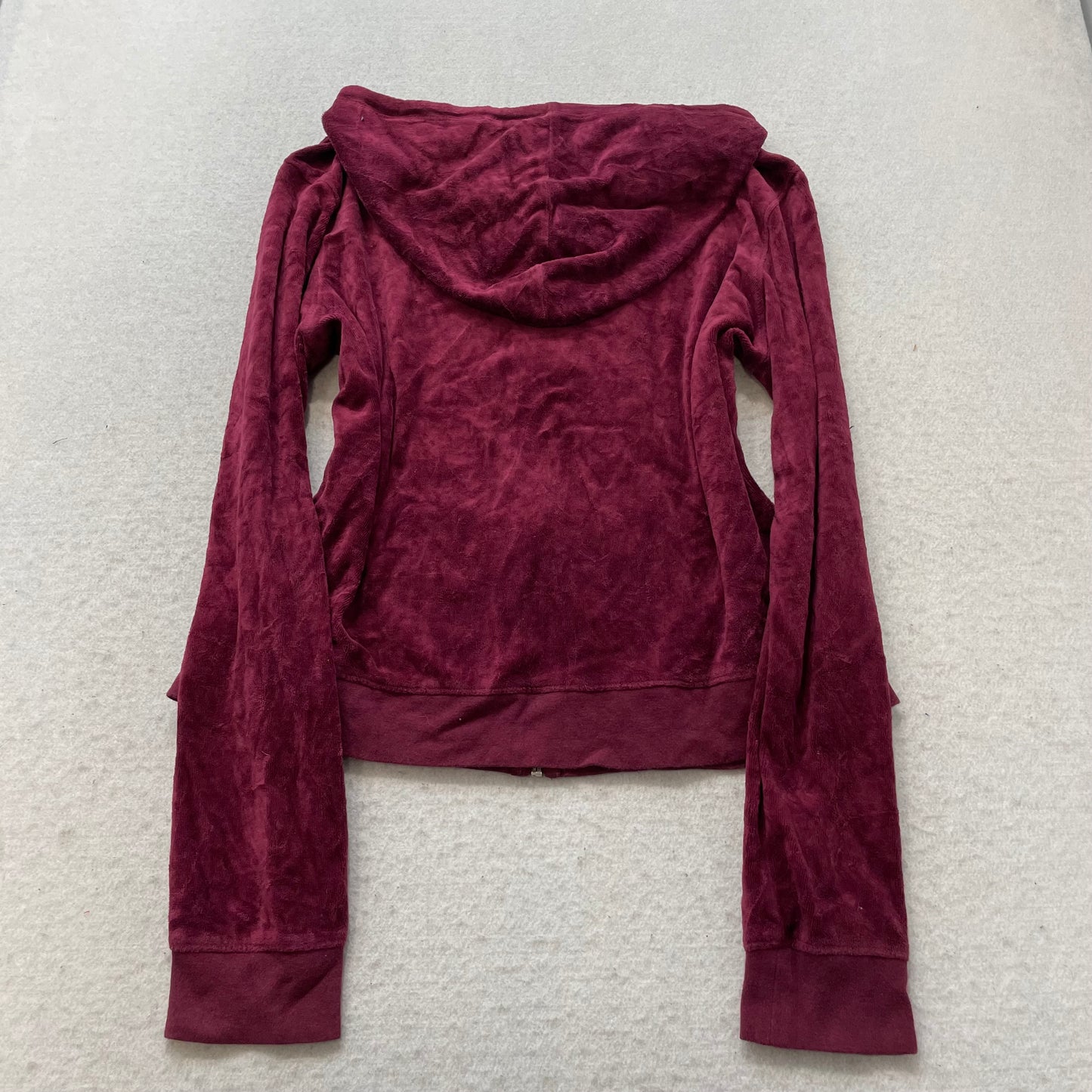 Vintage Juicy Couture Women's Maroon Velour Zip-Up Hoodie Drawstring Y2k Size L