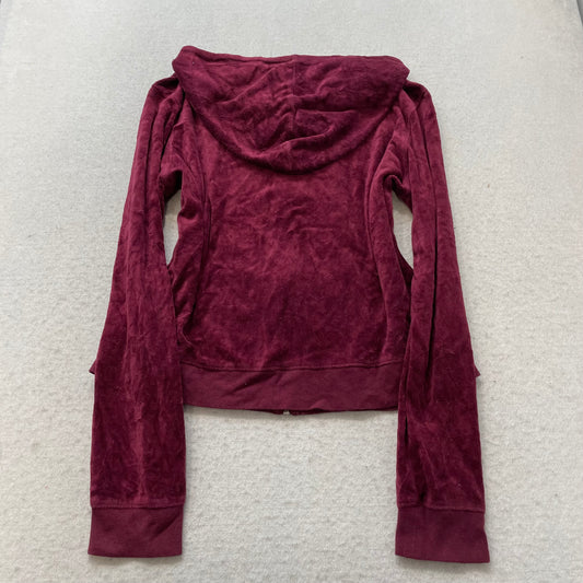 Vintage Juicy Couture Women's Maroon Velour Zip-Up Hoodie Drawstring Y2k Size L