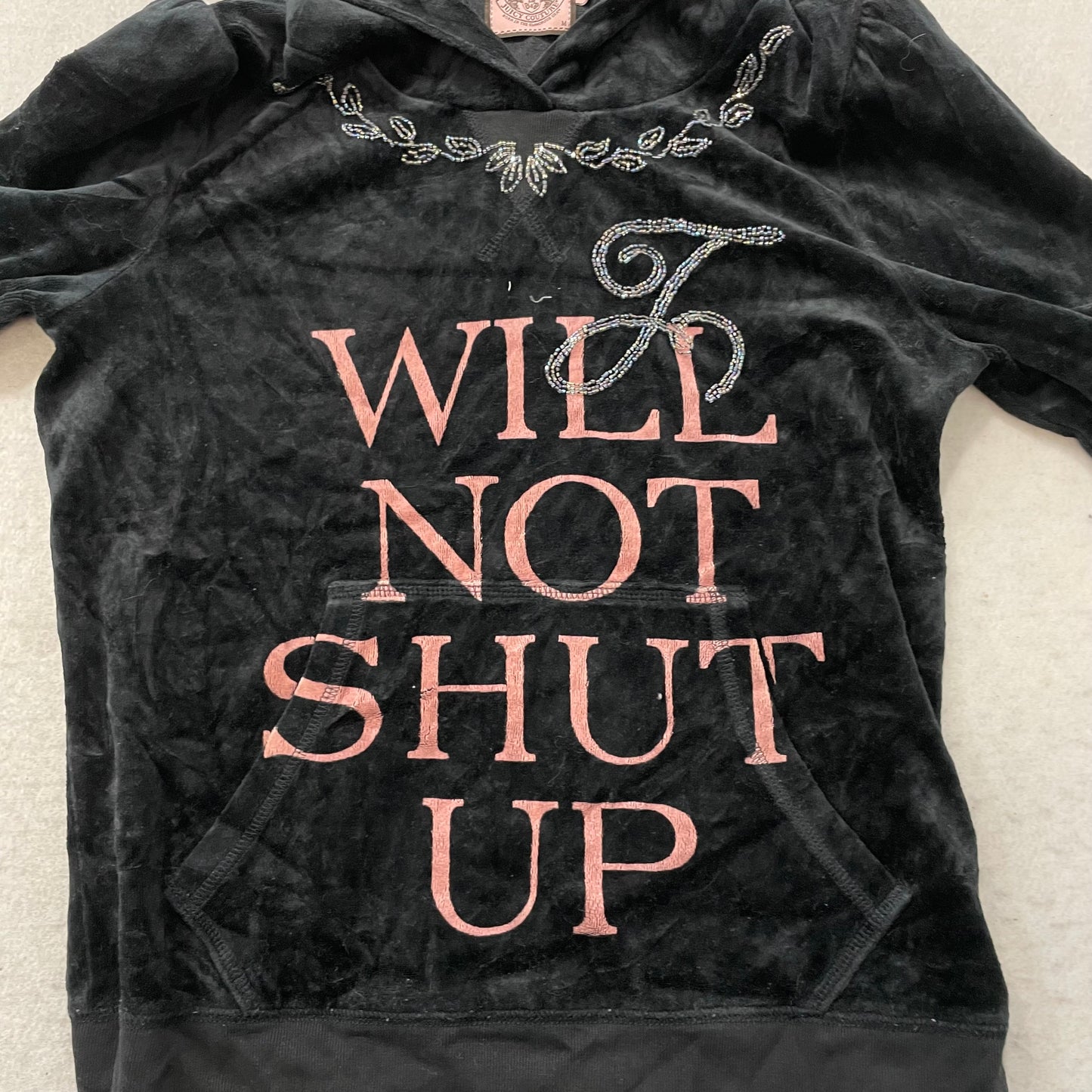 Juicy Couture Will Not Shut Up Women's Black Pull-Over Hoodie Rhinestones Size M