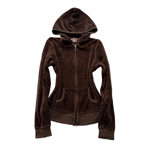 Vintage Juicy Couture Women's Brown Velour Zip Up Hoodie Kangaroo Pockets Size S