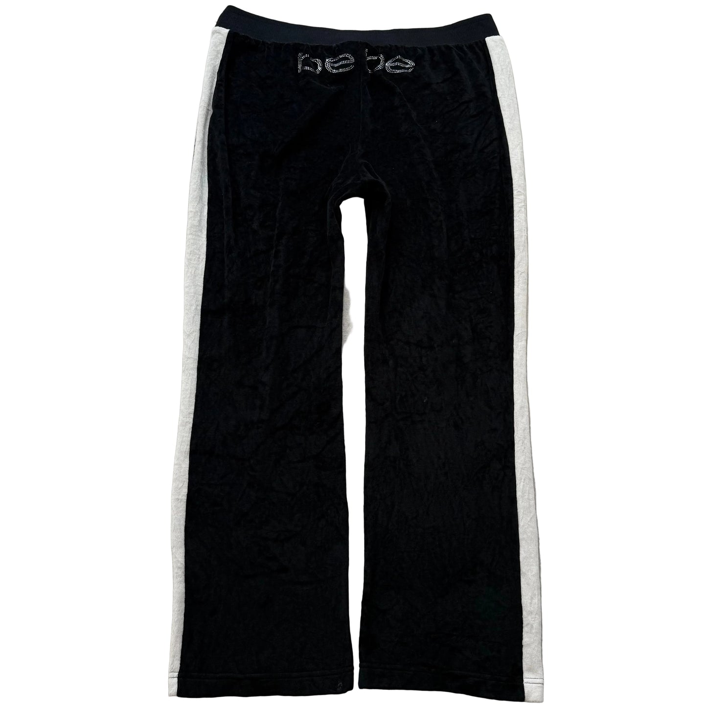 Bebe Women's Black Velour Flared Track Pant Side Striped Rhinestone Logo Size XL