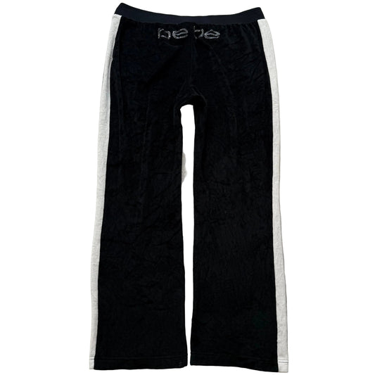 Bebe Women's Black Velour Flared Track Pant Side Striped Rhinestone Logo Size XL