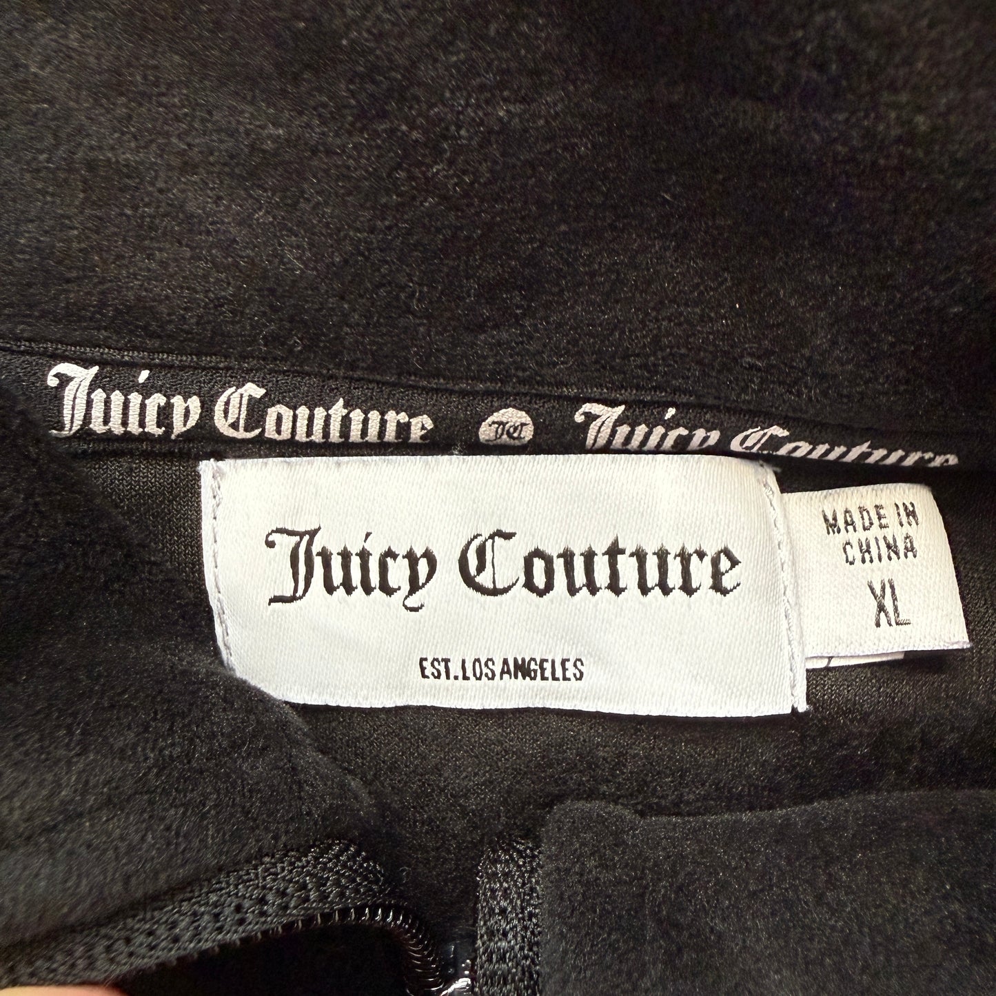 Juicy Couture Women's Black Pink Velour Zip-Up Track Jacket Rhinestone Logo - XL